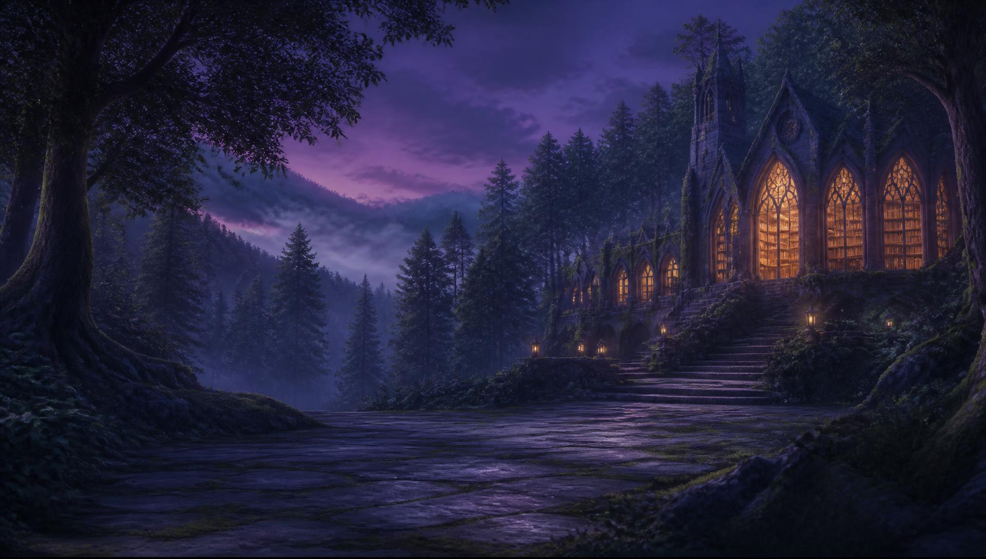 A stone Gothic library nestled in a forest beneath a purple night sky