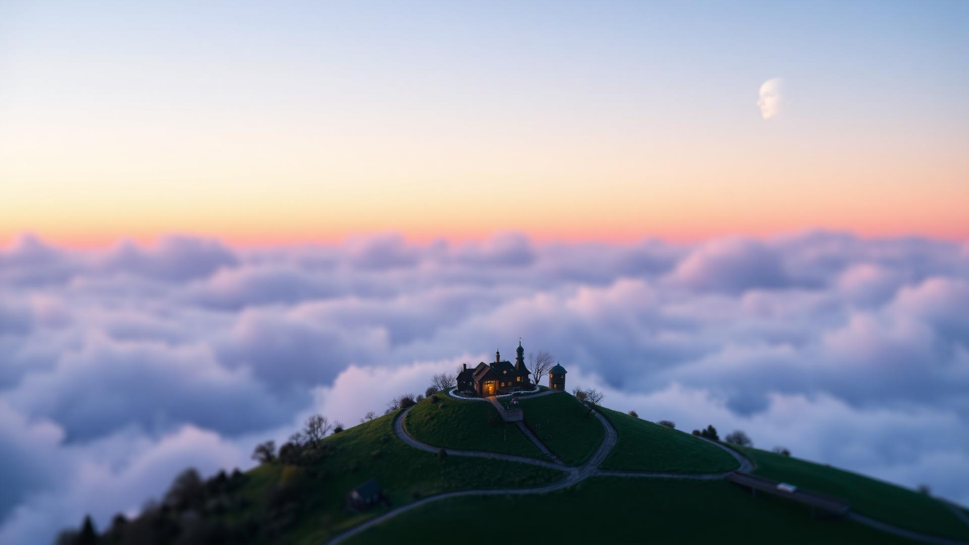 A tiny village with glowing windows on a hill above dusk clouds